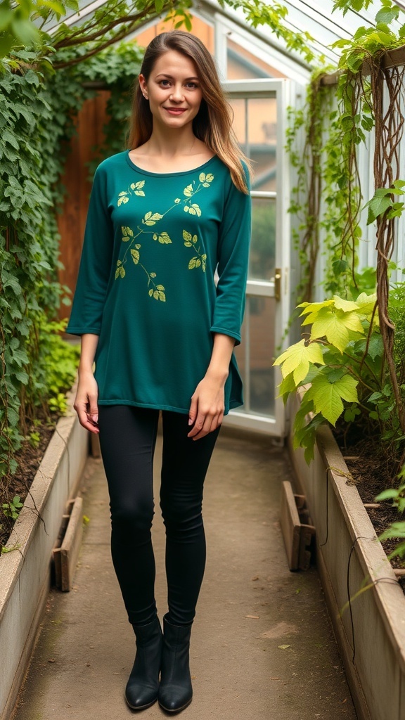 A model in a green leaf-patterned top and black leggings, standing in a greenhouse.