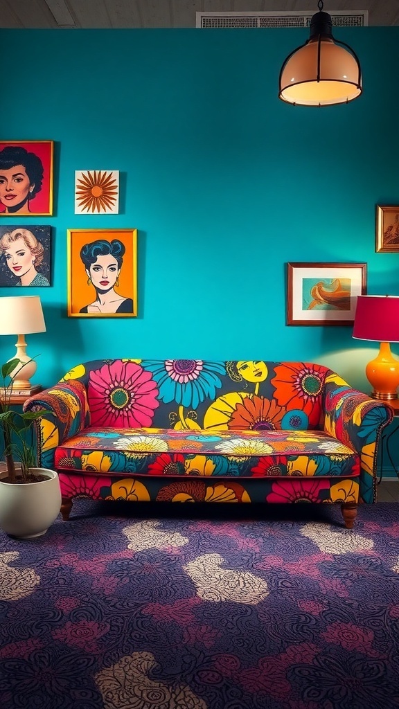 A colorful 1960's style couch with floral patterns against a turquoise wall, surrounded by pop art decorations.