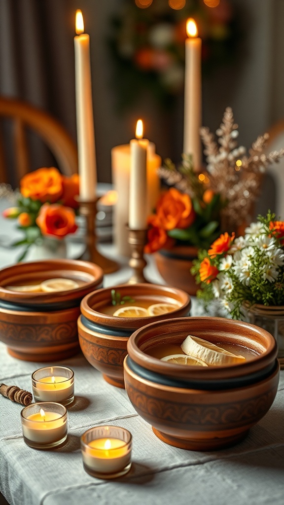 A cozy table setting with handcrafted pottery bowls filled with drinks, surrounded by candles and flowers.