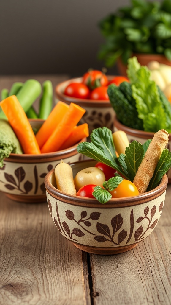 Handcrafted pottery bowls filled with fresh vegetables on a wooden table.