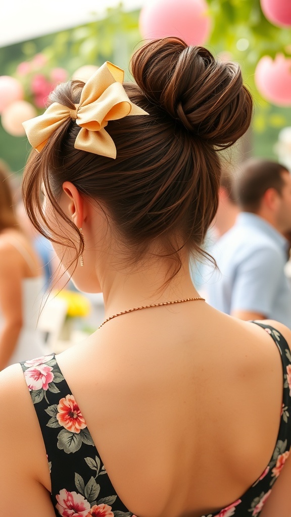 A young girl with a puffy ponytail and a large peach bow, standing in a garden with colorful flowers.