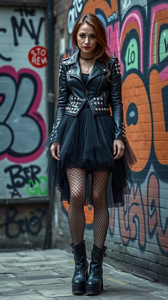 A model in a studded leather jacket and tulle dress stands against a colorful graffiti wall, showcasing punk-inspired goth fashion.