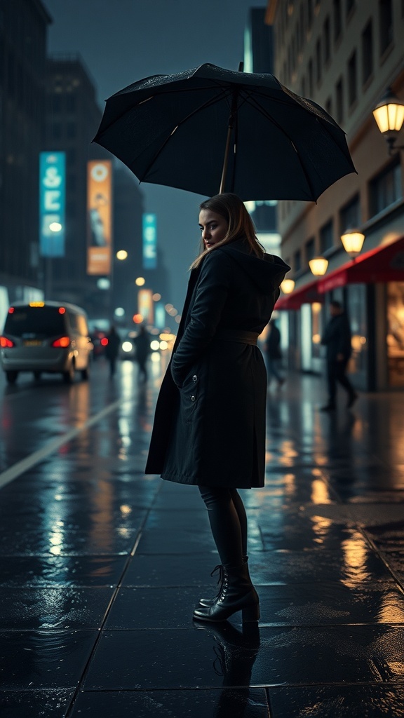 A woman in goth fashion stands under a black umbrella on a rainy night, with city lights reflecting on the wet pavement.