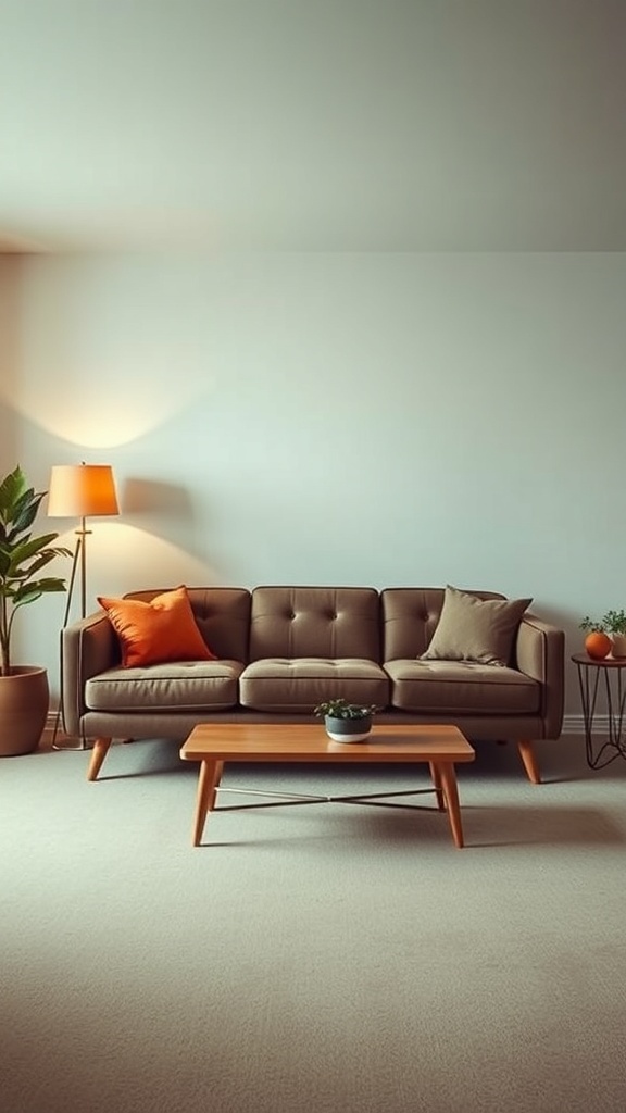 A stylish 1960's inspired couch with colorful cushions and a wooden coffee table in a modern living room setting.