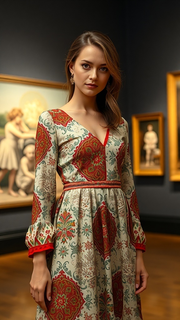 A Renaissance-inspired dress with floral patterns and a square neckline displayed on a mannequin.