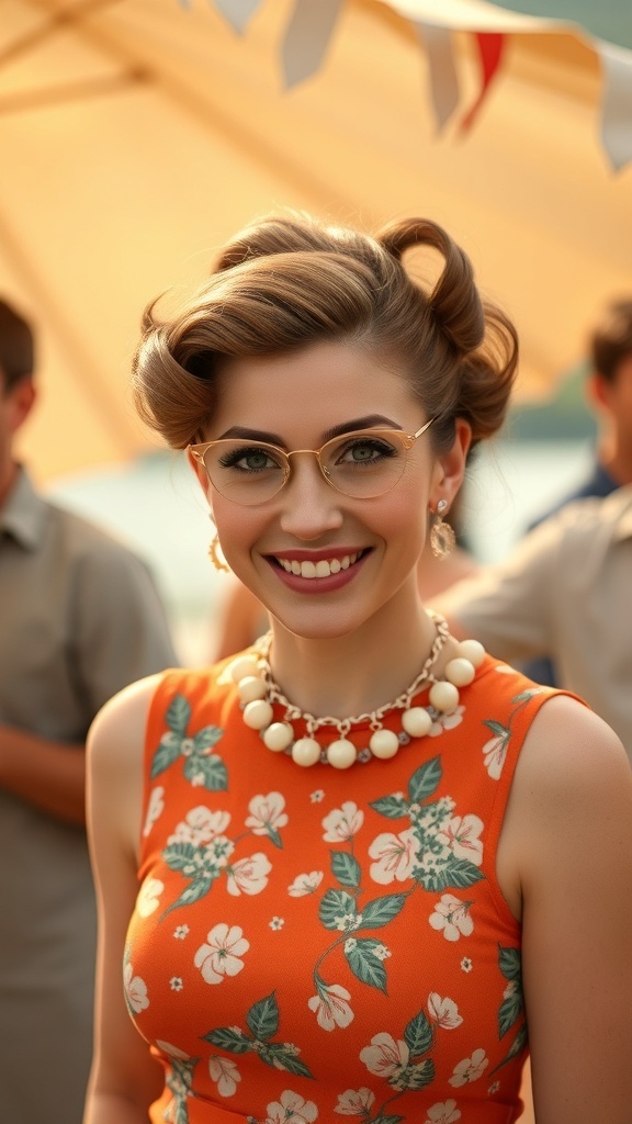 A woman with pinned curls wearing an orange floral dress, smiling at a sunny gathering.