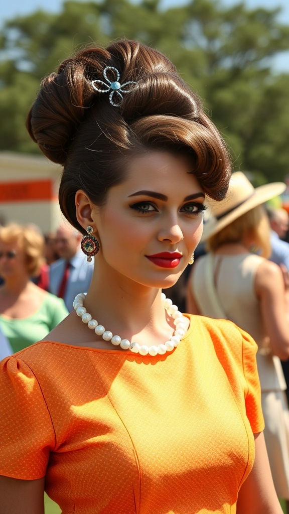 A woman with a retro bouffant hairstyle wearing a bright orange dress, showcasing 1960s fashion.