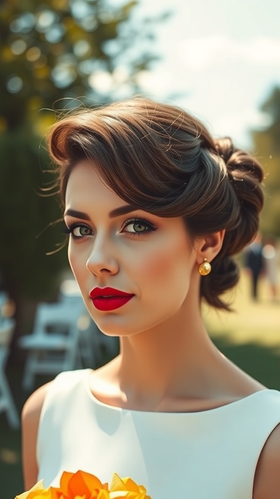 A woman with a retro flip hairstyle and bright red lipstick, holding a bouquet of flowers.