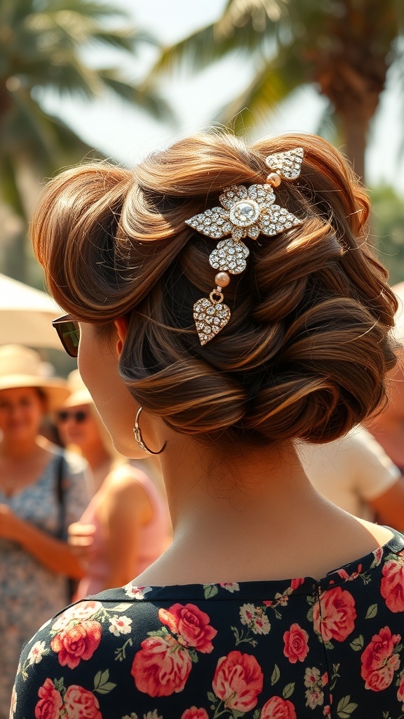 A woman with a vintage 1960s updo hairstyle featuring soft waves and a decorative clip, set against a sunny outdoor background.