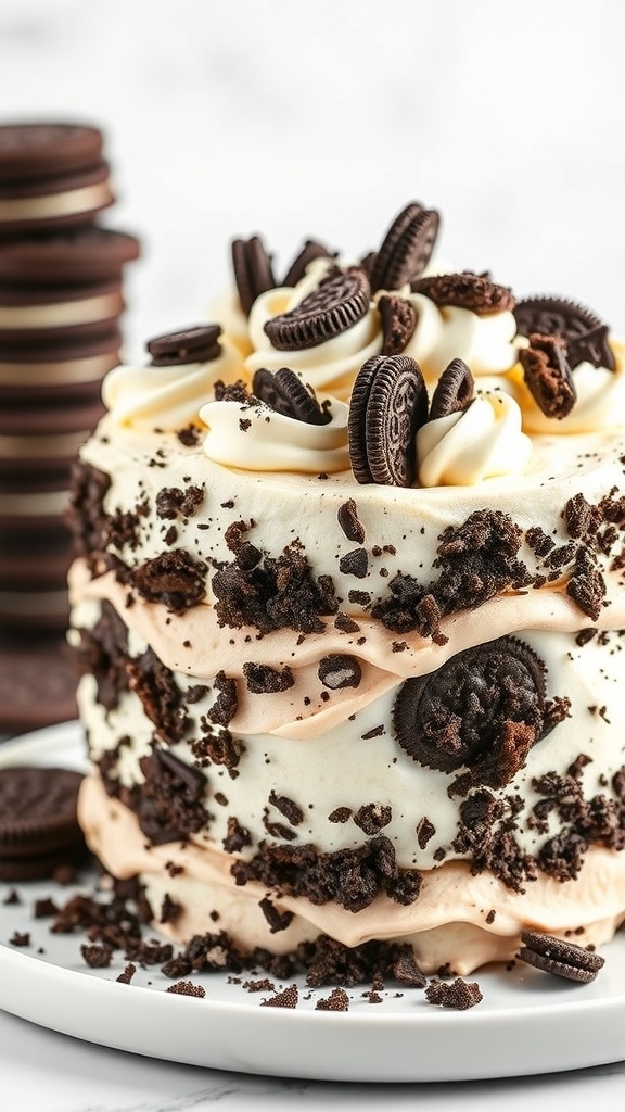 Rich cookies and cream ice cream cake topped with Oreo cookies and whipped cream