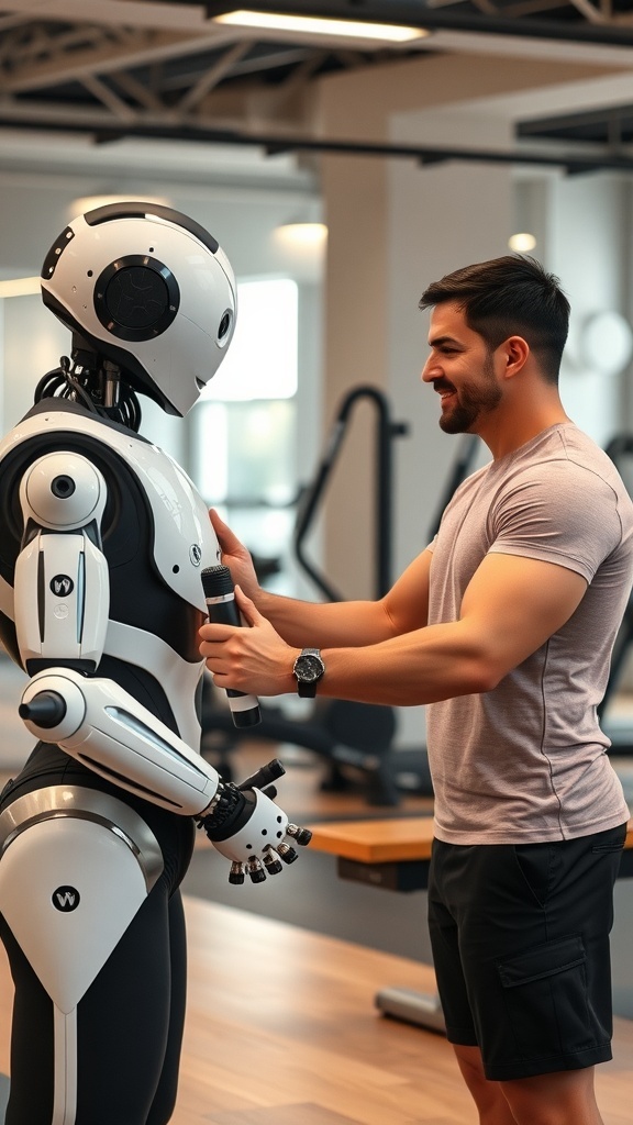 Two robotic fitness assistants in a gym setting, showcasing futuristic workout gear.