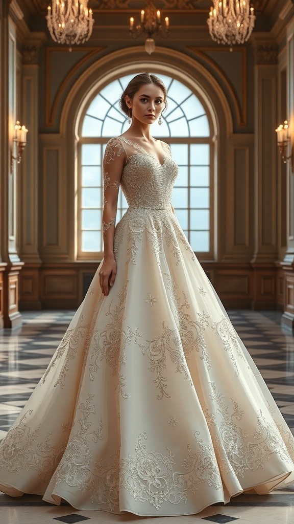 A romantic pink ball gown with intricate details displayed in a luxurious room with chandeliers.