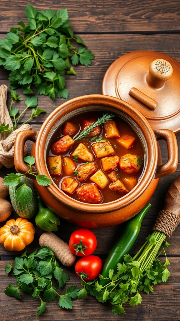 A rustic clay pot filled with hearty stew, surrounded by fresh vegetables and herbs on a wooden table.