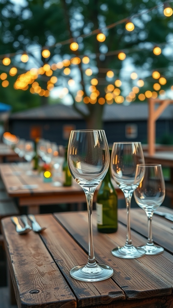 A rustic outdoor dining setup with vintage wine glasses and string lights.