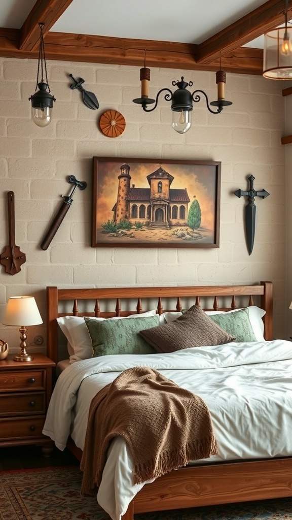 A rustic bedroom featuring a large painting of a castle, swords, and vintage lighting.