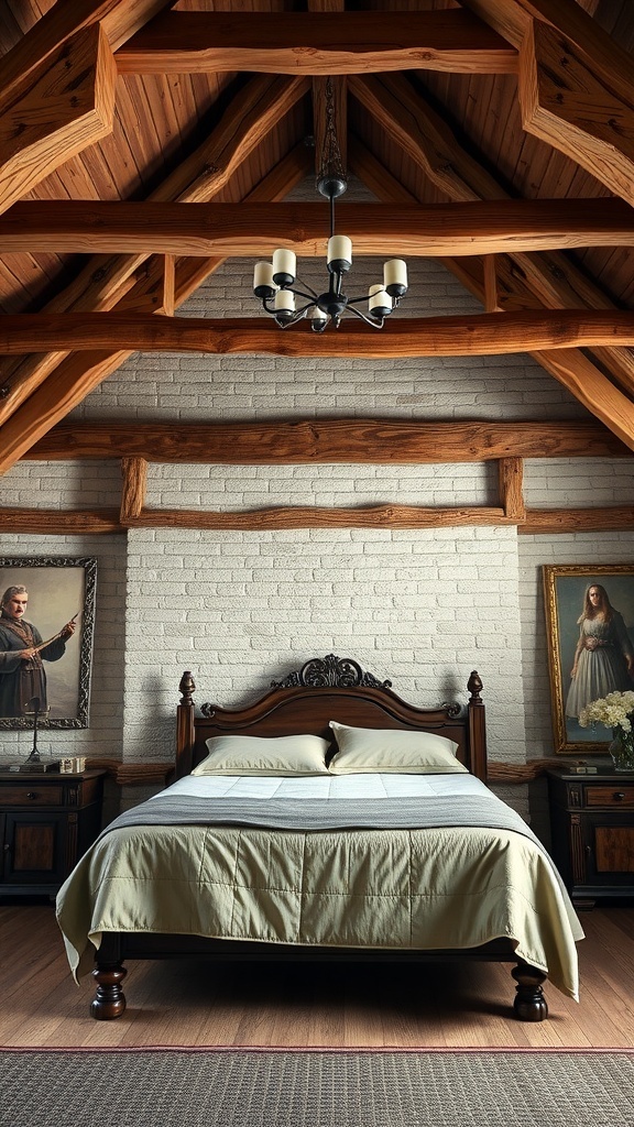 A cozy bedroom featuring rustic wooden beams, a carved bed frame, and soft bedding.