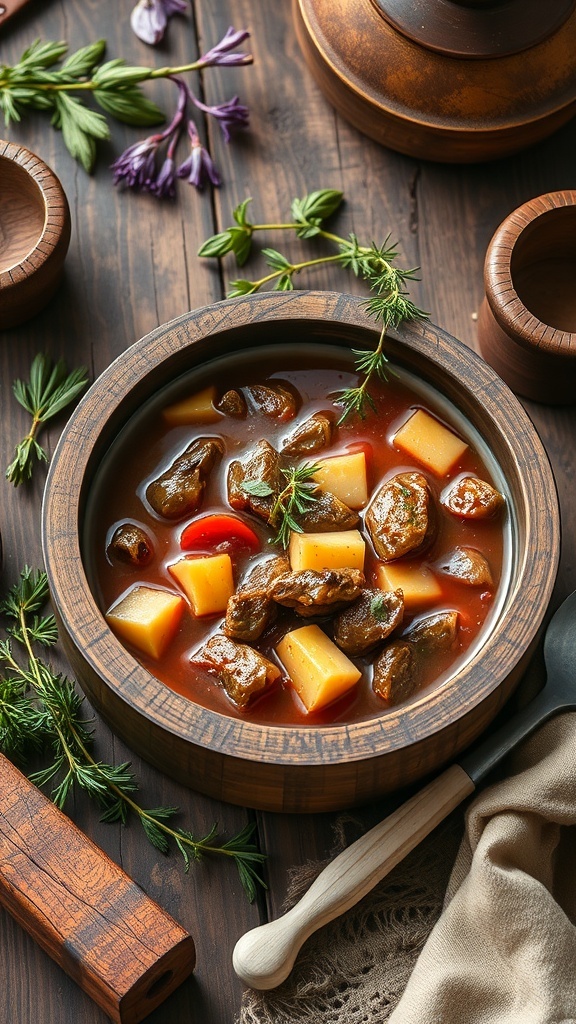 A rustic wooden bowl filled with hearty stew, surrounded by fresh herbs and wooden utensils.