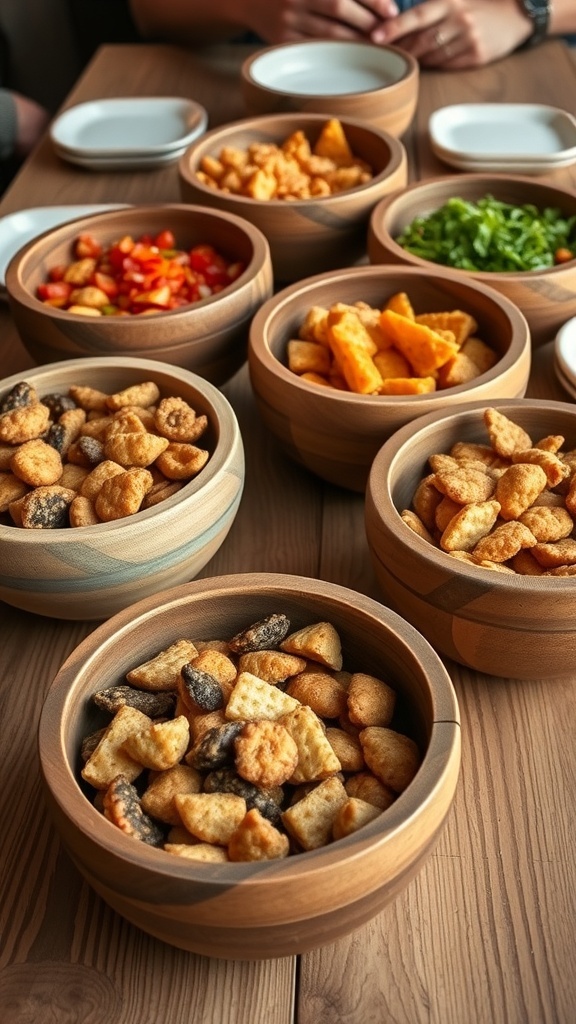 A variety of snacks in rustic wooden bowls on a wooden table.
