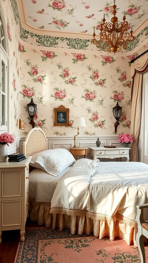 A cozy bedroom with floral wallpaper, a chandelier, and elegant furniture, inspired by Sansa Stark from Game of Thrones.