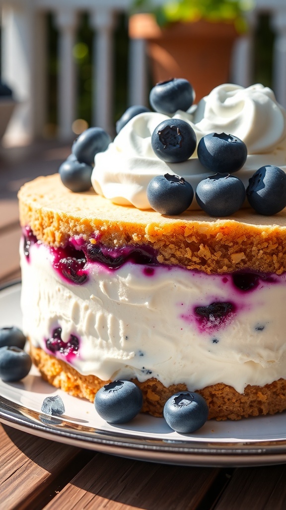 A delicious blueberry cheesecake ice cream cake topped with fresh blueberries and whipped cream.