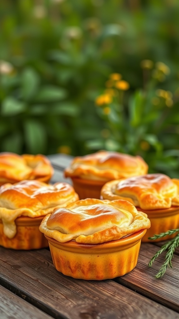 Mini savory chicken pot pies in individual dishes, golden brown and ready to serve.