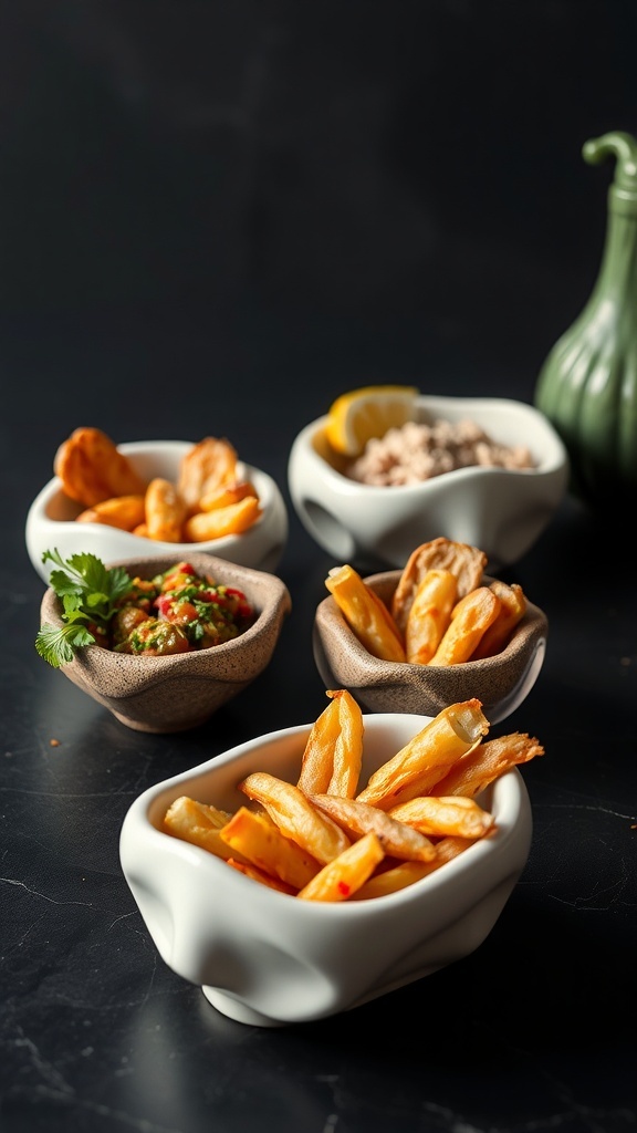 A variety of sculpted bowls with fries, dips, and other snacks, showcasing unique designs.