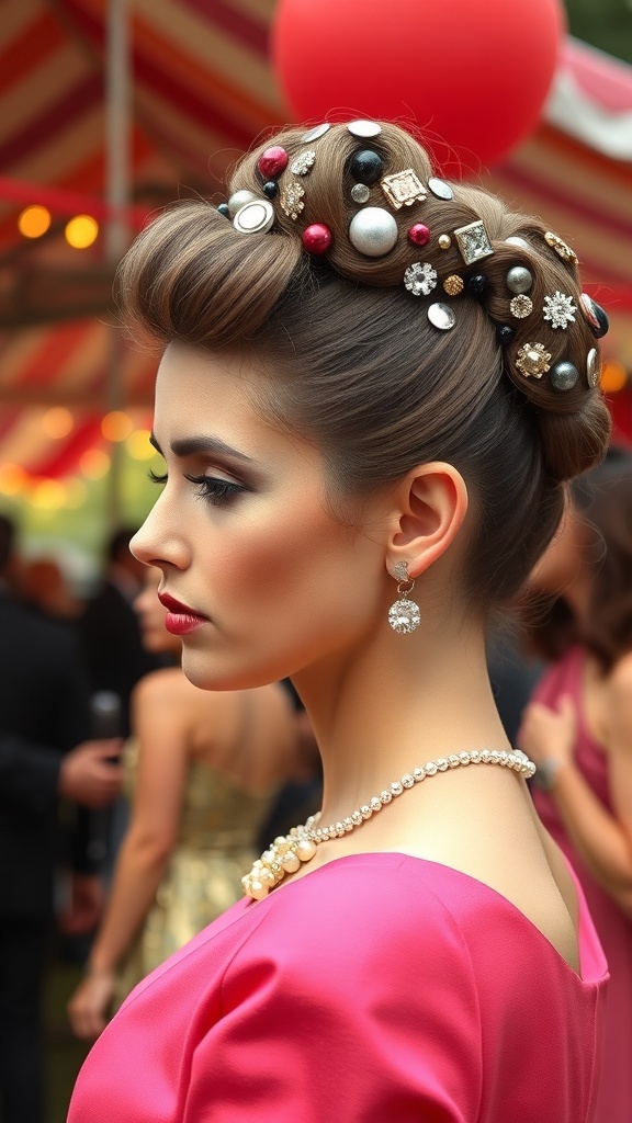 A woman with a sculpted updo hairstyle adorned with glittering pins, wearing a pink dress, at a gathering.