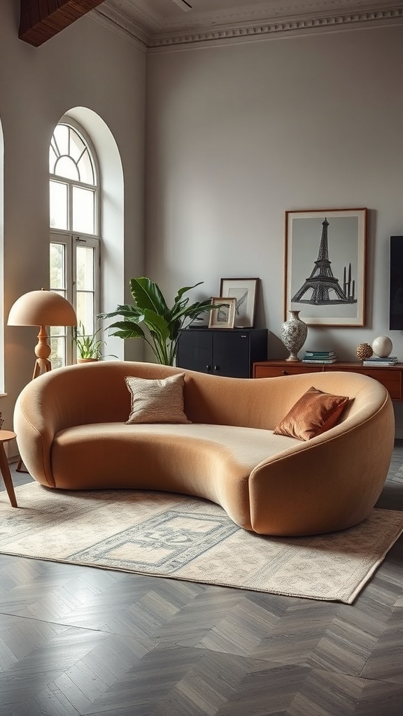 A stylish 1960's inspired couch with smooth curves and wooden accents, set in a modern living room.
