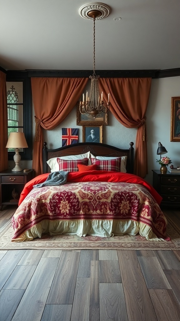 A cozy Game of Thrones-inspired bedroom featuring rich red bedding, intricate throw blankets, and warm curtains.