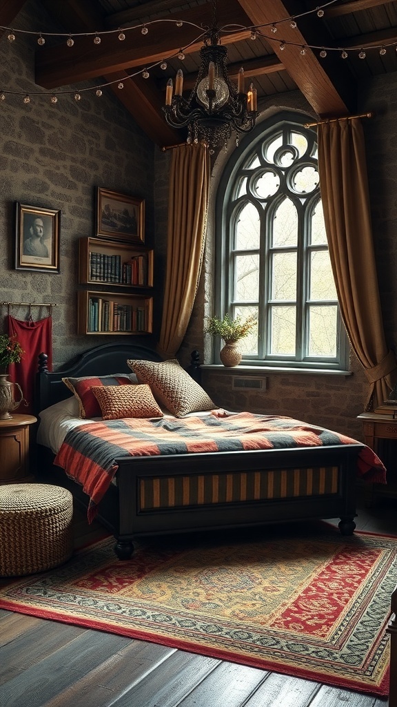A cozy Game of Thrones-inspired bedroom featuring a carved bed frame, faux fur throws, candle clusters, and a patterned rug.