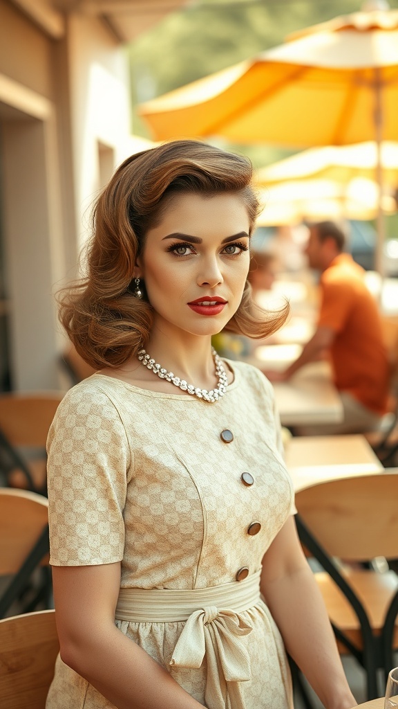 A woman with side-swept curls wearing a vintage dress and pearl necklace, sitting outdoors.