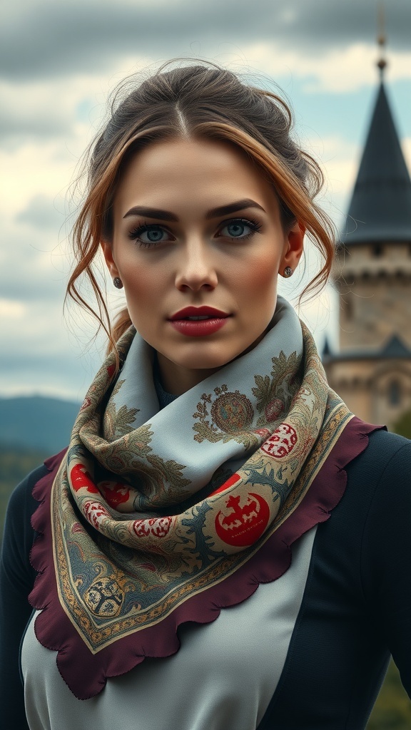 A silk scarf with medieval motifs in gold and red draped over a wooden chair.