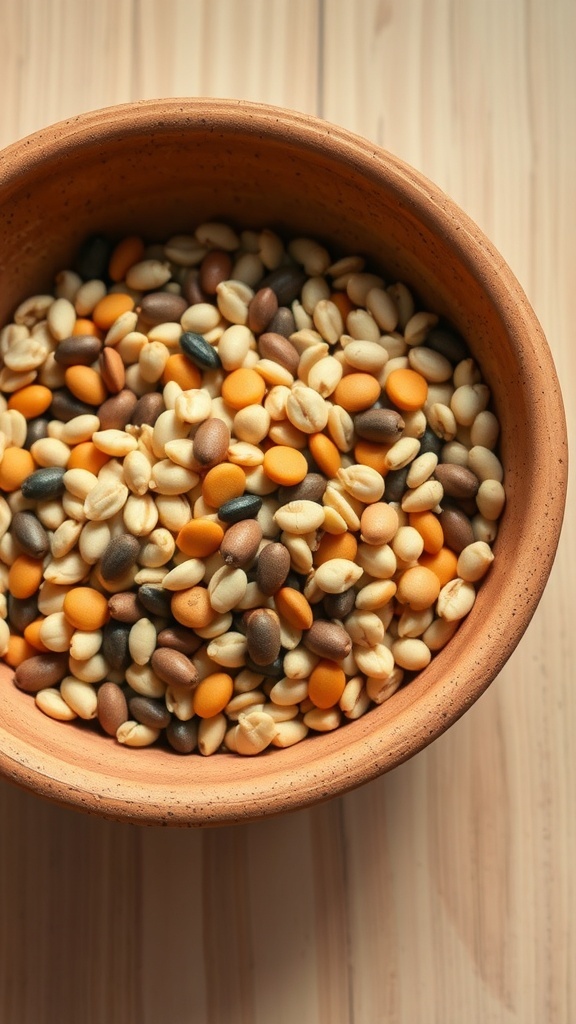 A handcrafted stoneware bowl filled with a variety of colorful seeds.