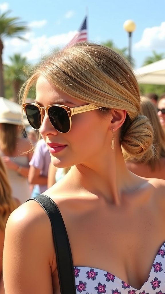 A woman with a sleek low bun and retro glasses, enjoying a sunny gathering.