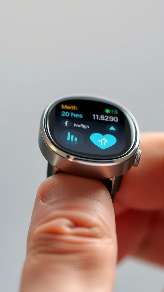 A close-up of a smartwatch displaying fitness metrics on a hand.