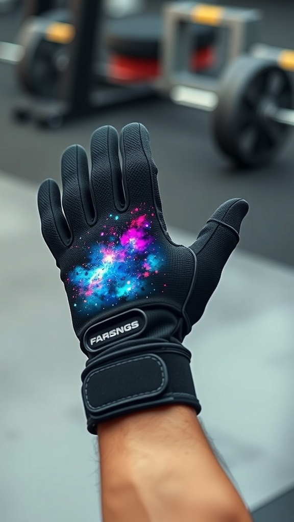 A close-up of a hand wearing futuristic weightlifting gloves with a galaxy design.