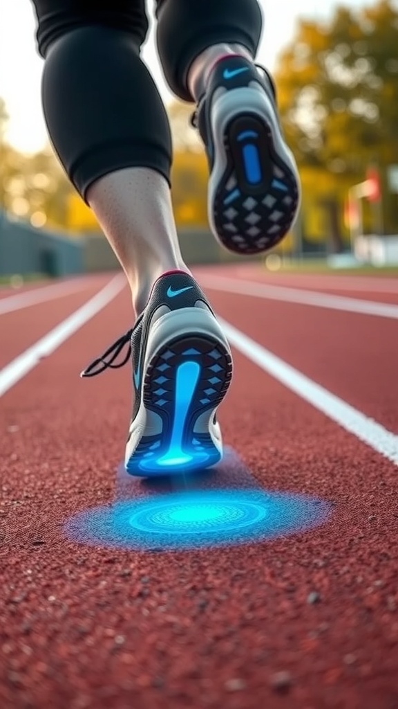 A close-up of a person running on a track, showcasing smart shoes with adaptive cushioning and a glowing sole.