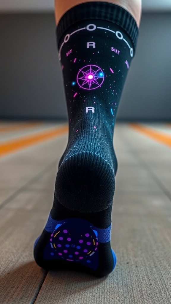 A close-up view of a foot wearing futuristic smart socks with pressure sensors, featuring a colorful design.