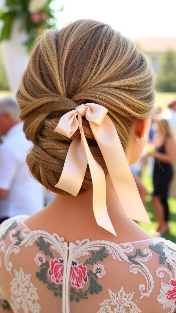 A sophisticated 1960s updo featuring a silk ribbon, showcasing elegance and charm.