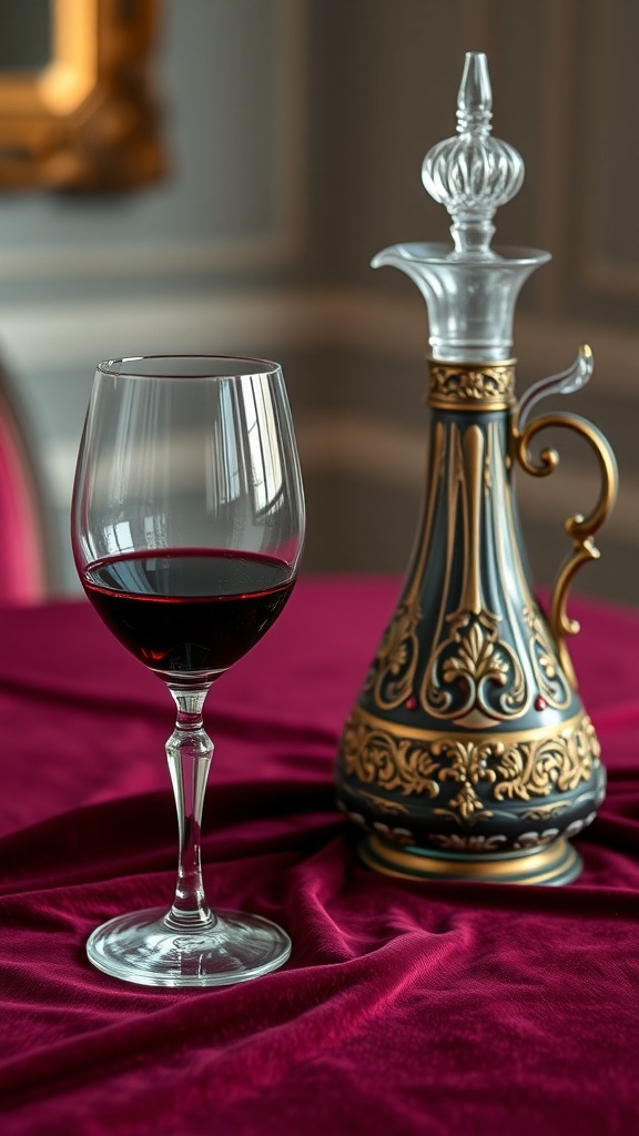 A vintage wine glass filled with red wine next to an ornate decanter on a rich burgundy tablecloth.