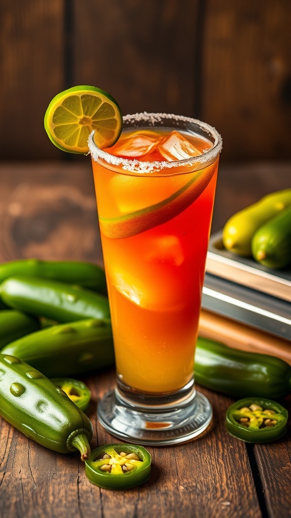 A spicy jalapeño pickle margarita served in a tall glass with ice, garnished with a lime wheel, surrounded by fresh jalapeños.