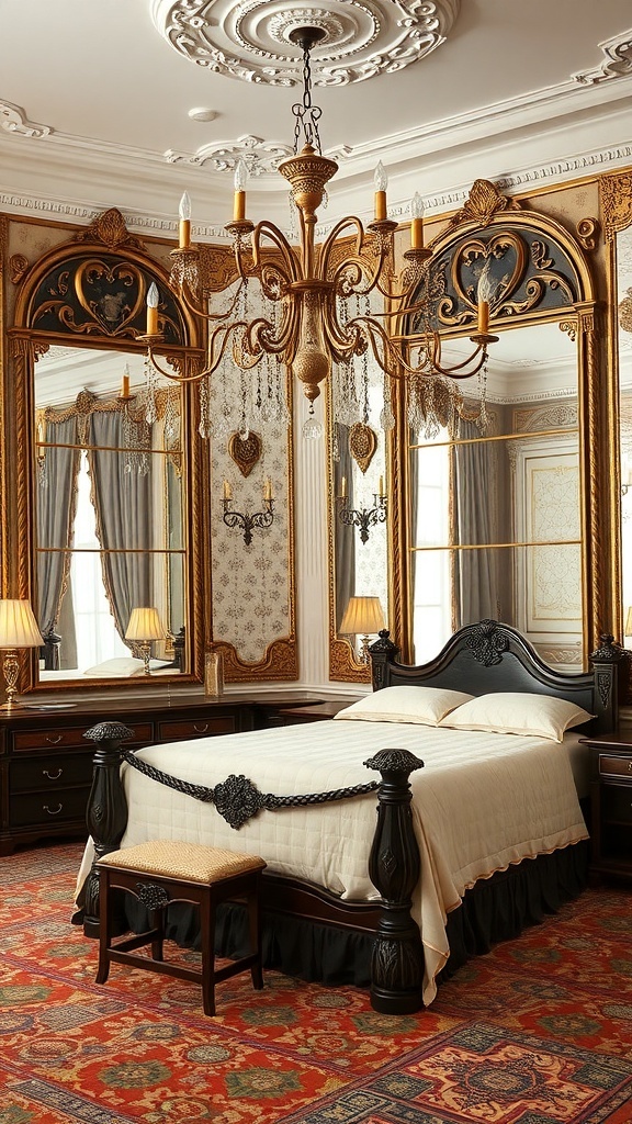 A luxurious bedroom featuring ornate mirrors, a chandelier, and a carved bed frame.