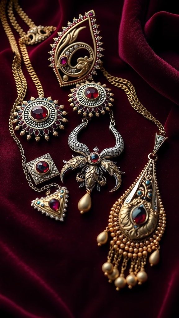 A collection of ornate jewelry featuring gold tones and red gemstones, displayed on a rich fabric background.