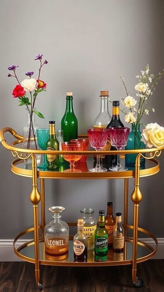 A retro bar cart with colorful bottles and glasses, decorated with flowers, showcasing a 1960s inspired setup.
