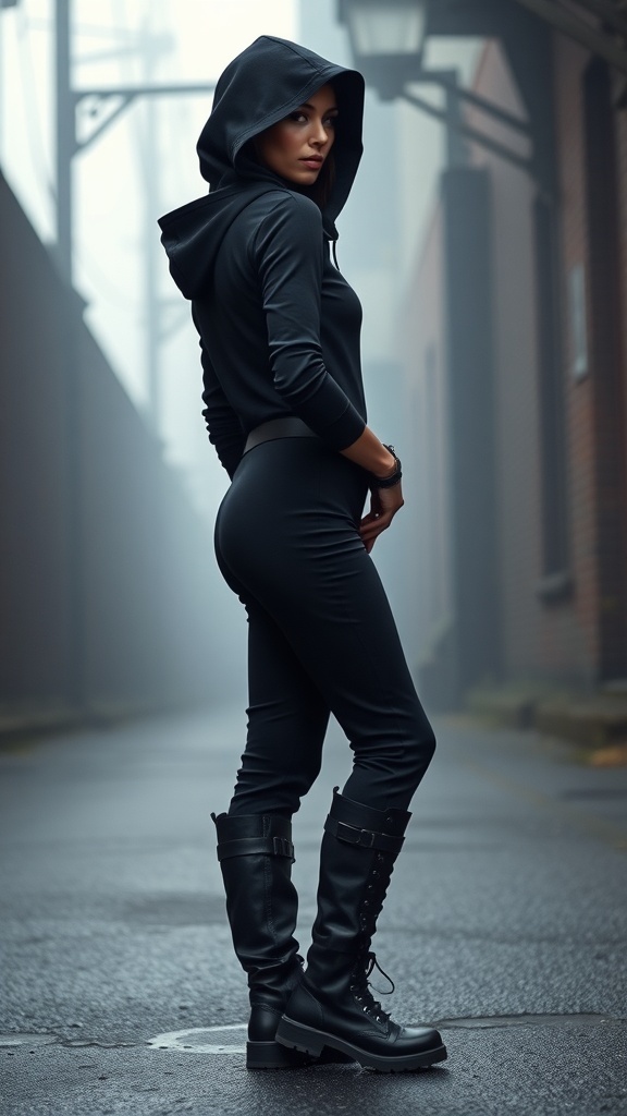 A woman in a black jumpsuit with a hood, standing in a foggy alley, showcasing Stealth Goth fashion.