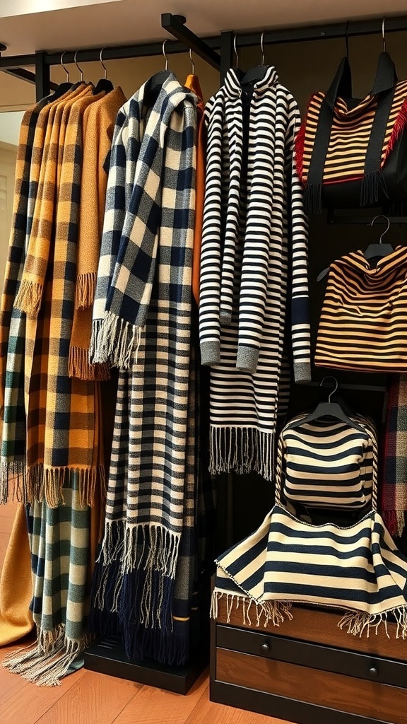 A display of striped accessories including scarves, sweaters, and bags in various colors and patterns.