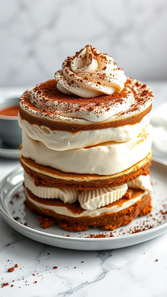 A layered Tiramisu Ice Cream Cake topped with whipped cream and cocoa powder.