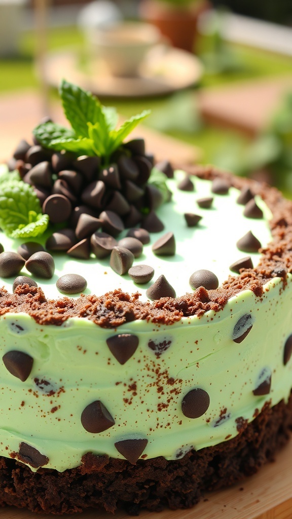 A mint chocolate chip ice cream cake topped with chocolate chips and mint leaves.
