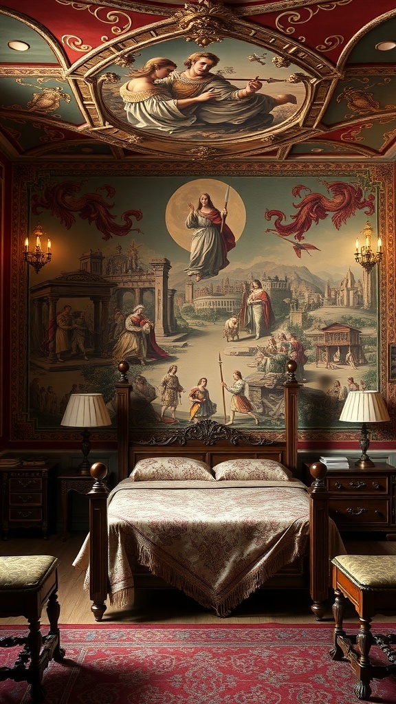 A luxurious bedroom featuring a detailed tapestry wall art with historical scenes, a carved bed frame, and elegant lighting.