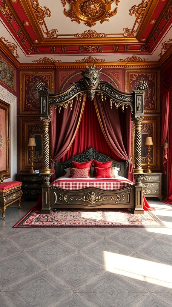 A luxurious bedroom with a carved bed frame featuring a dragon motif, rich red and gold colors, and elegant decor.